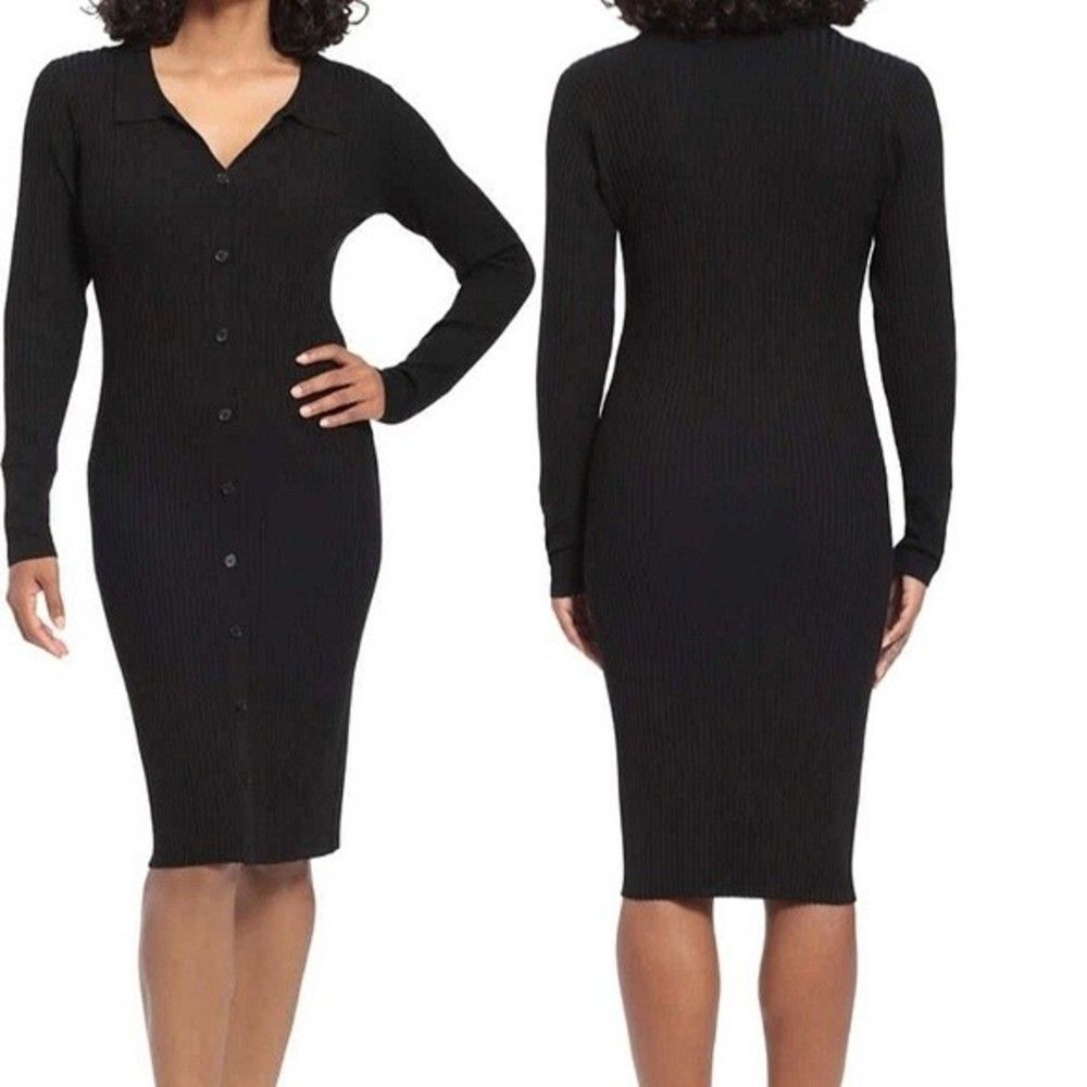 London Times Ribbed Sweater Dress Small Black Y2K Split Collar NWT Bodycon
